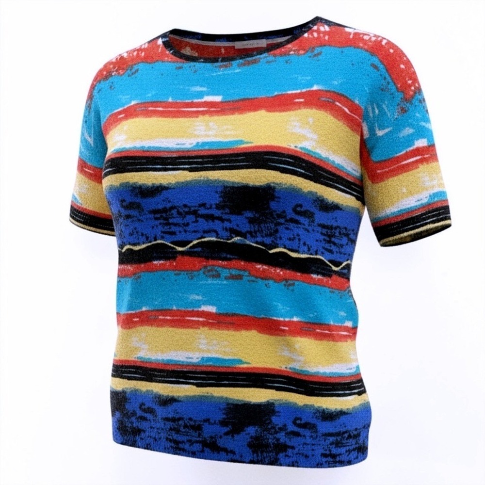 Joseph A Womens Short Sleeve Sweater Small Abstract Stripe Blue Red Yellow Knit